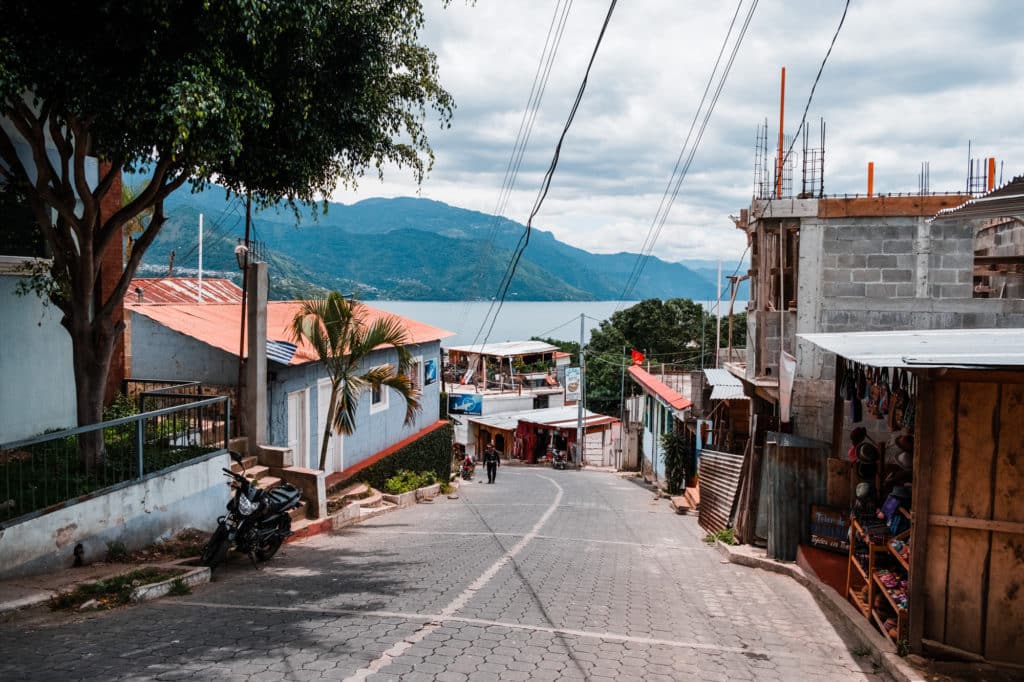Cobblestone street of San Juan La Laguna a small village on Lake Atitlan Guatemala. 
